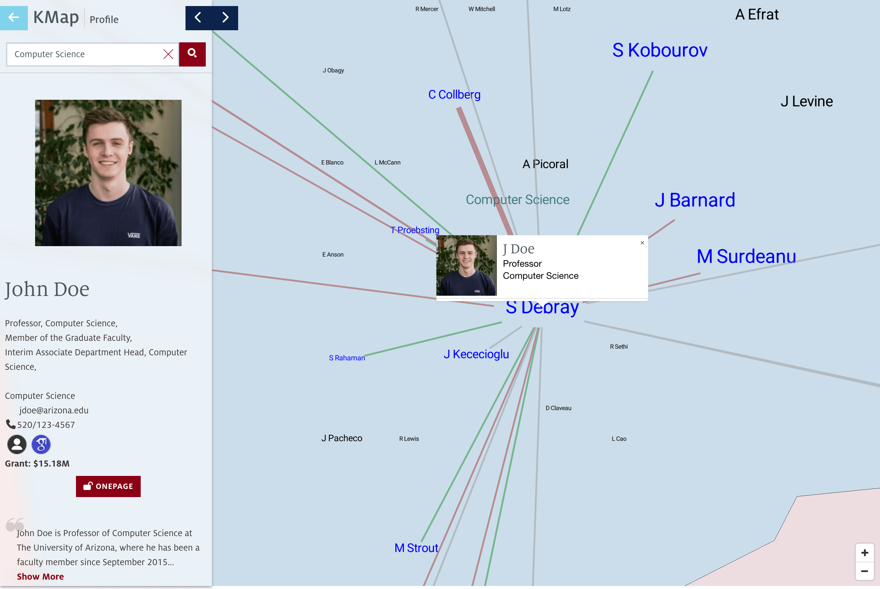 A screenshot with map and sidebar showing researcher summary